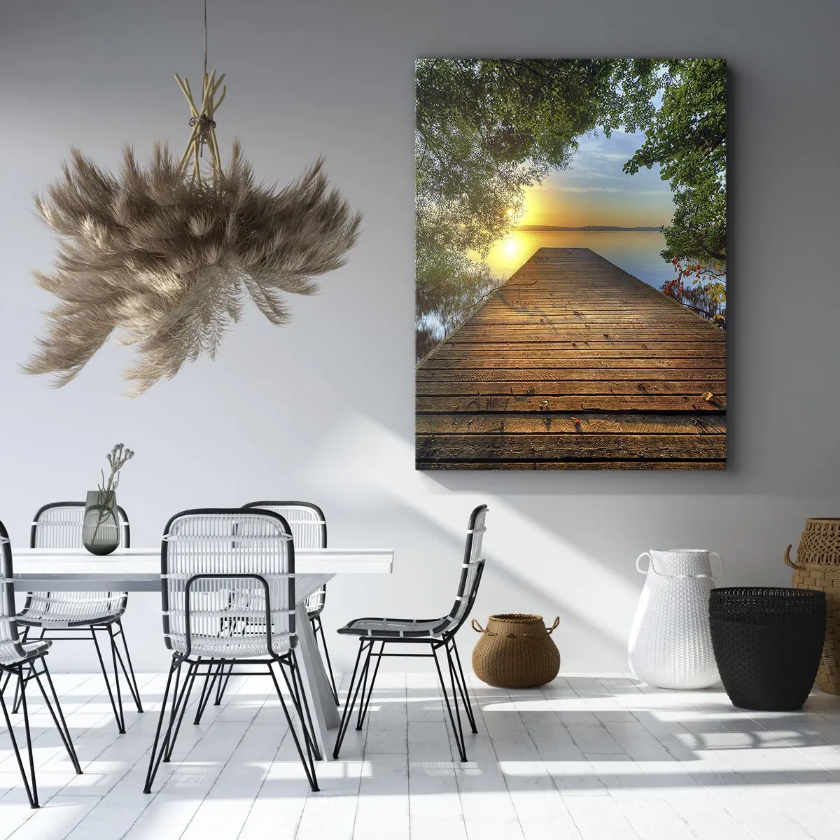 Cuadro sobre lienzo - Impresión de Imagen - Un muelle de madera rodeado de vegetación durante la puesta de sol. - 50x70cm - Tómate tu tiempo, siéntate - Decoración de pared moderna para salón y dormitorio ARTTOR