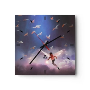 Reloj de pared - Reloj de vidrio - Una figura con alas de ángel flotando entre pájaros en el cielo. - 30x30cm - Imaginación y valor - Decoración de pared moderna para salón y dormitorio ARTTOR