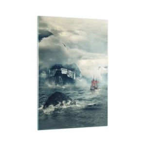 Cuadro sobre vidrio - Impresiones sobre Vidrio - Un paisaje misterioso con un castillo, montañas y un barco. - 70x100cm - En aguas mágicas - Decoración de pared moderna para salón y dormitorio ARTTOR