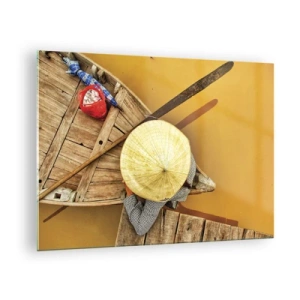Cuadro sobre vidrio - Impresiones sobre Vidrio - Vista superior de un barco y una persona con un sombrero cónico. - 70x50cm - La vida en el río amarillo - Decoración de pared moderna para salón y dormitorio ARTTOR
