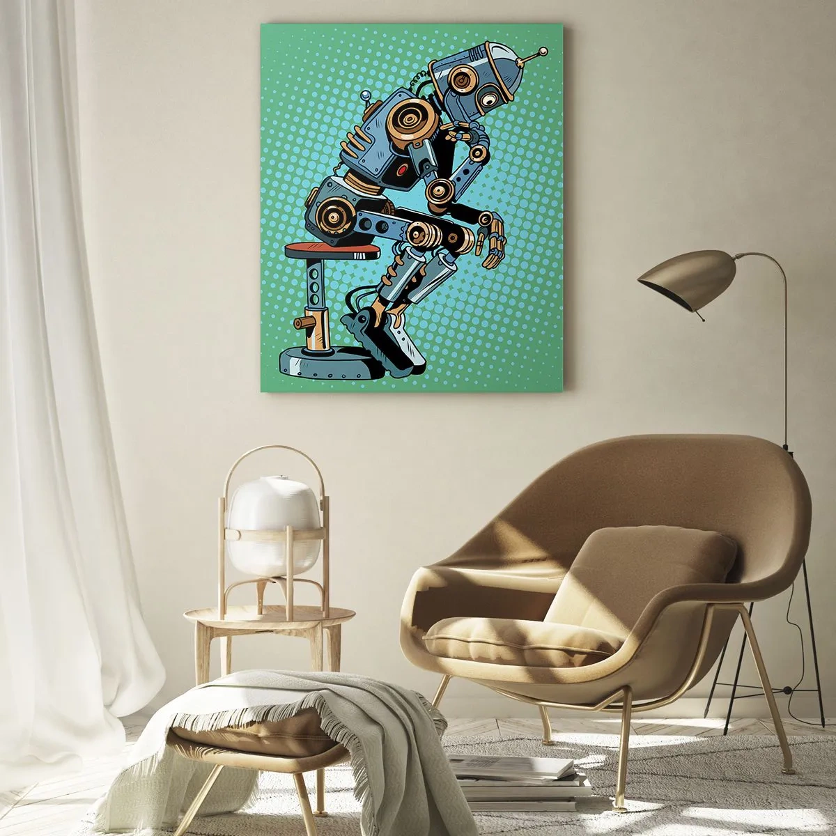 Cuadro sobre vidrio - Impresiones sobre Vidrio - Robot pensador de estilo pop art sobre un fondo verde - 80x120cm - Sobre la esencia del ser - Decoración de pared moderna para salón y dormitorio ARTTOR