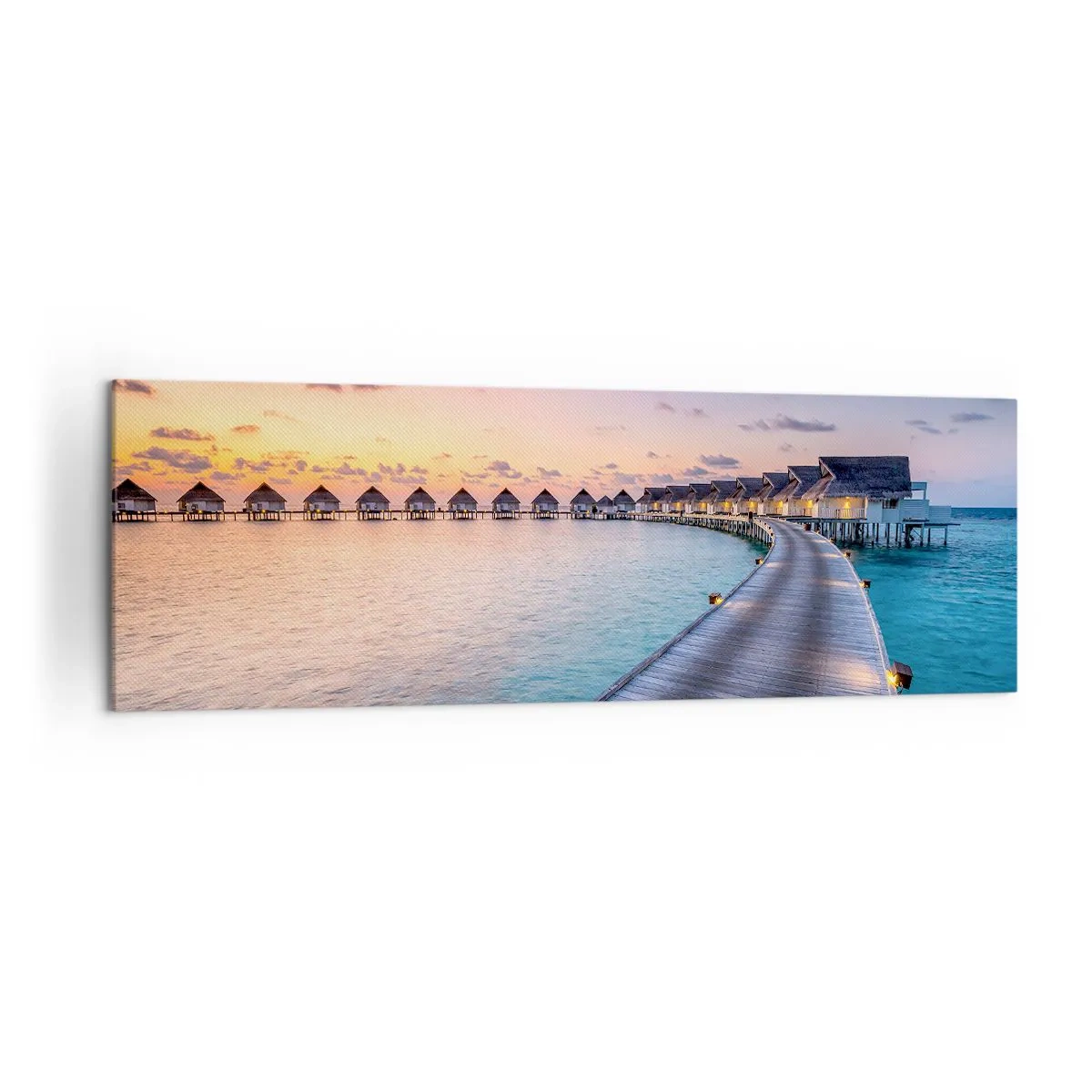 Cuadro sobre lienzo - Impresión de Imagen - El muelle que conduce a las cabañas frente al mar al atardecer. - 160x50cm - Vacaciones - volver al origen - Decoración de pared moderna para salón y dormitorio ARTTOR