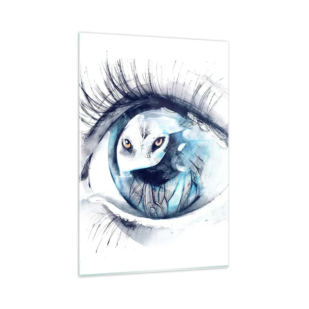 Cuadro sobre vidrio - Impresiones sobre Vidrio - Un ojo con la imagen de un búho en tonos de acuarela azul. - 80x120cm - Ojo con la naturaleza - Decoración de pared moderna para salón y dormitorio ARTTOR