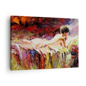 Cuadro sobre lienzo - Impresión de Imagen - Una mujer acostada en una cama sobre un fondo de colores abstractos. - 70x50cm - Una Venus reflexiva - Decoración de pared moderna para salón y dormitorio ARTTOR