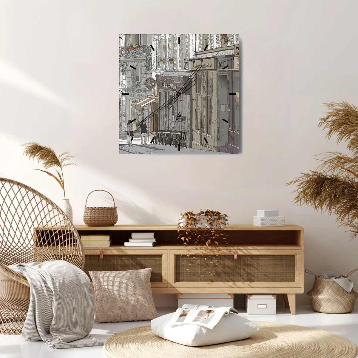 Reloj de pared - Reloj de vidrio - Ilustración de una calle de la ciudad con cafés y tiendas. - 30x30cm - Alegrías urbanas - Decoración de pared moderna para salón y dormitorio ARTTOR