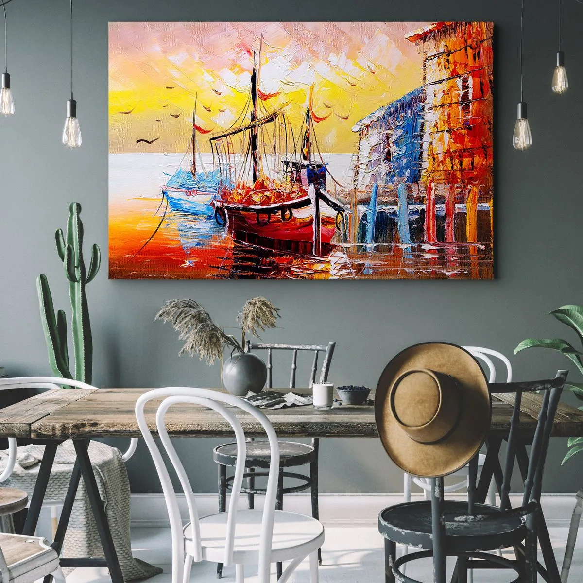 Cuadro sobre lienzo - Impresión de Imagen - Puerto pintoresco al atardecer con barcos de pesca - 120x80cm - Feliz regreso - Decoración de pared moderna para salón y dormitorio ARTTOR