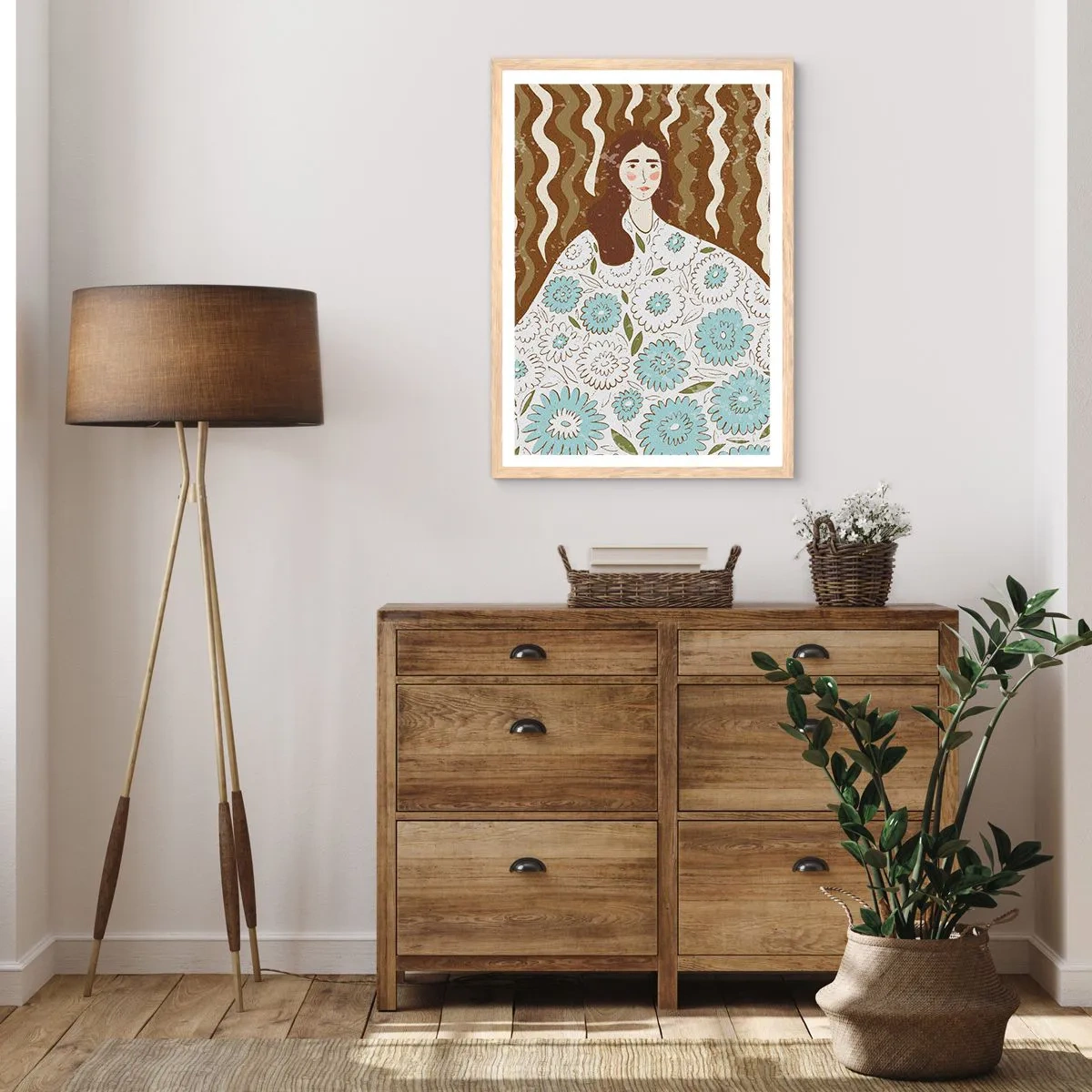 Póster en marco roble claro - Retrato con túnica de flores - 70x100 cm