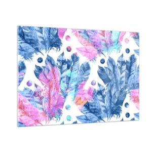 Cuadro sobre vidrio - Impresiones sobre Vidrio - Plumas de colores en tonos rosa y azul sobre un fondo blanco. - 100x70cm - Plumas de color rosa y azul - Decoración de pared moderna para salón y dormitorio ARTTOR
