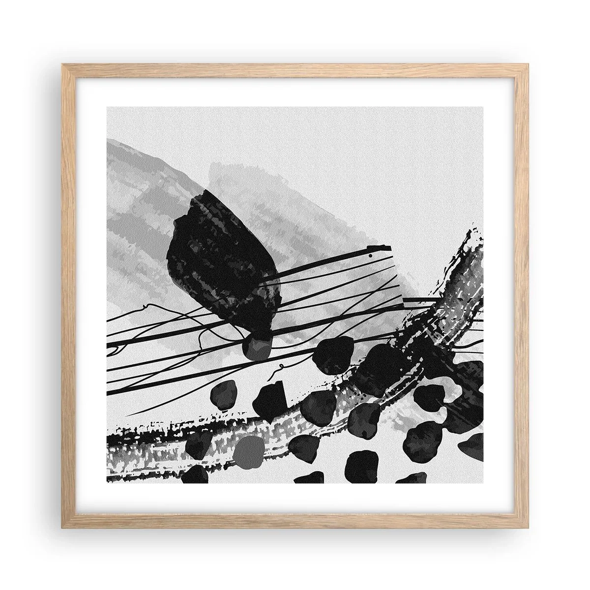 Póster en marco roble claro - Abstracción orgánica en blanco y negro - 50x50 cm