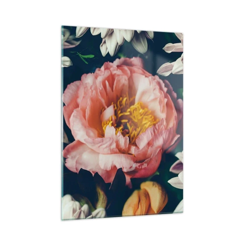 Cuadro sobre vidrio - Impresiones sobre Vidrio - Primer plano de peonías y crisantemos en tonos pastel. - 50x70cm - Con esplendor barroco - Decoración de pared moderna para salón y dormitorio ARTTOR