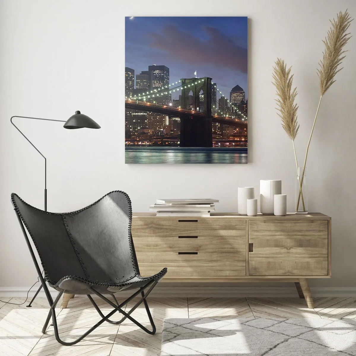 Cuadro sobre vidrio - Impresiones sobre Vidrio - Panorama de la ciudad con el puente iluminado por luces nocturnas. - 50x70cm - Una noche iluminada - Decoración de pared moderna para salón y dormitorio ARTTOR