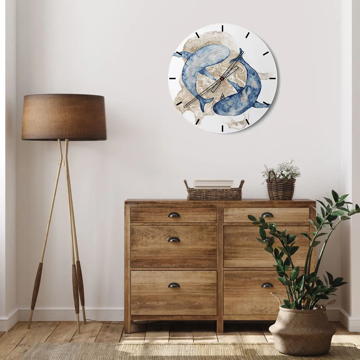 Reloj de pared - Reloj de vidrio - Ballenas azules contra la arena dorada - 30x30cm - ¿Amistad o amor? - Decoración de pared moderna para salón, cocina y dormitorio ARTTOR
