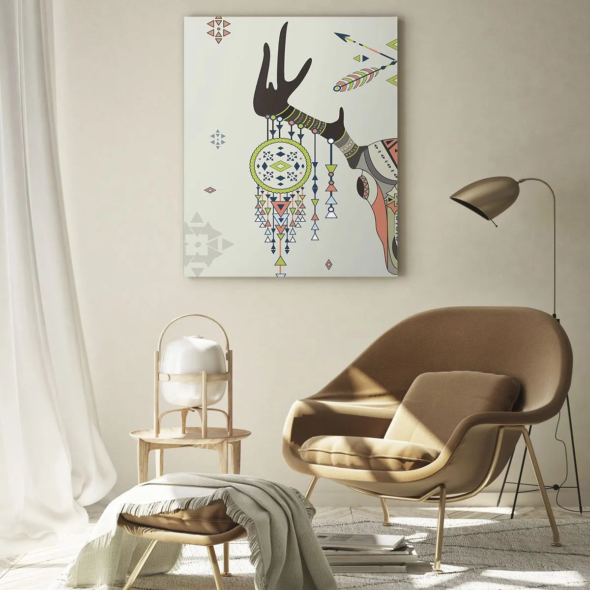 Cuadro sobre vidrio - Impresiones sobre Vidrio - Decoración boho con calavera de ciervo y atrapasueños - 80x120cm - Trofeo de cazador indio - Decoración de pared moderna para salón y dormitorio ARTTOR