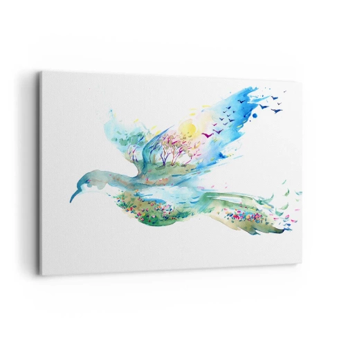 Cuadro sobre lienzo - Impresión de Imagen - Composición en acuarela de un pájaro con elementos de la naturaleza. - 100x70cm - En las alas de la naturaleza - Decoración de pared moderna para salón y dormitorio ARTTOR