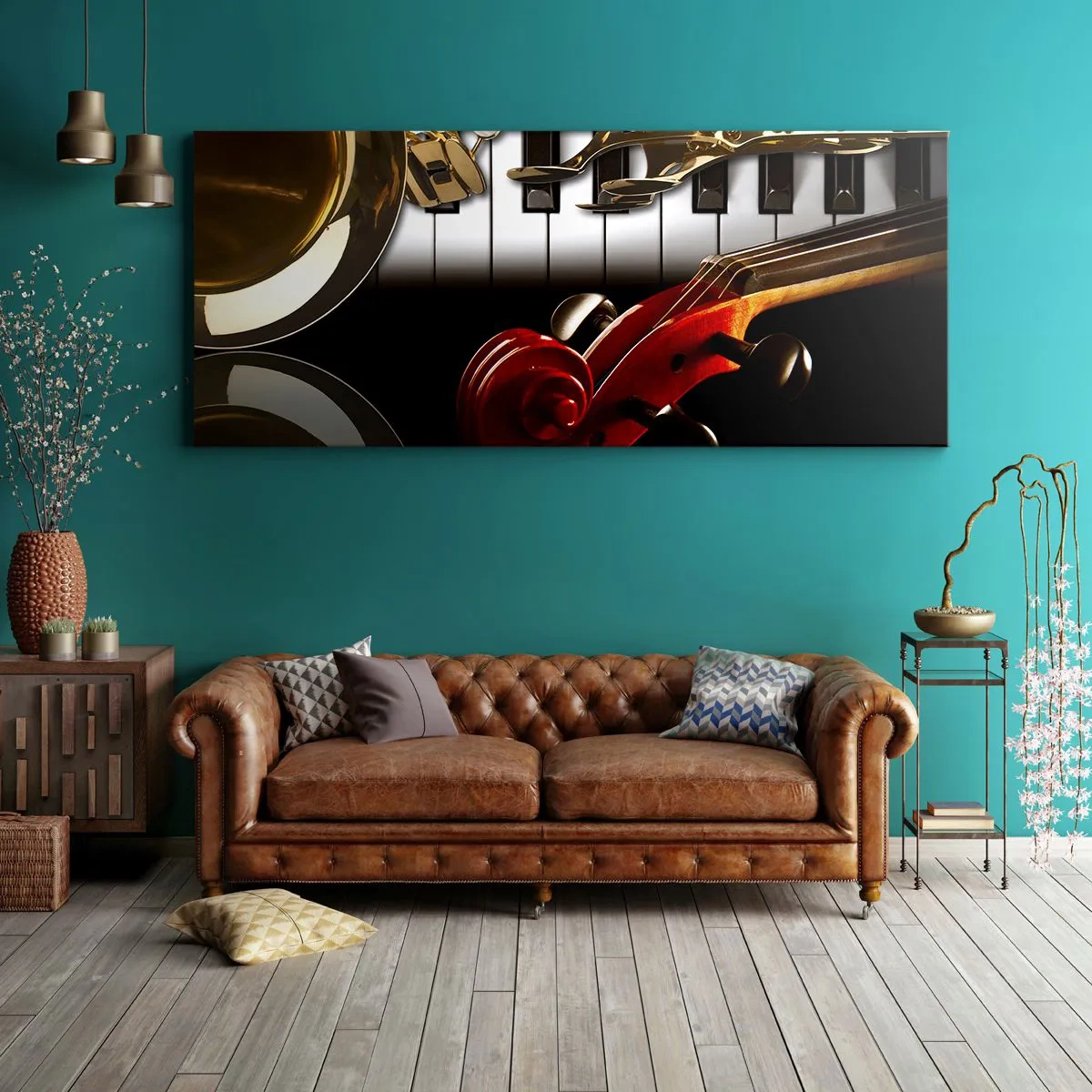 Cuadro sobre lienzo - Impresión de Imagen - Un saxofón dorado, teclas de piano y un violín rojo. - 140x50cm - Chapa, madera y marfil - Decoración de pared moderna para salón y dormitorio ARTTOR