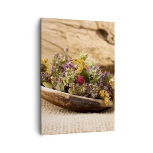 Cuadro sobre lienzo - Impresión de Imagen - Hierbas secas en una cuchara de madera sobre un fondo de madera natural. - 50x70cm - Flores coloridas y hierbas aromáticas - Decoración de pared moderna para salón y dormitorio ARTTOR