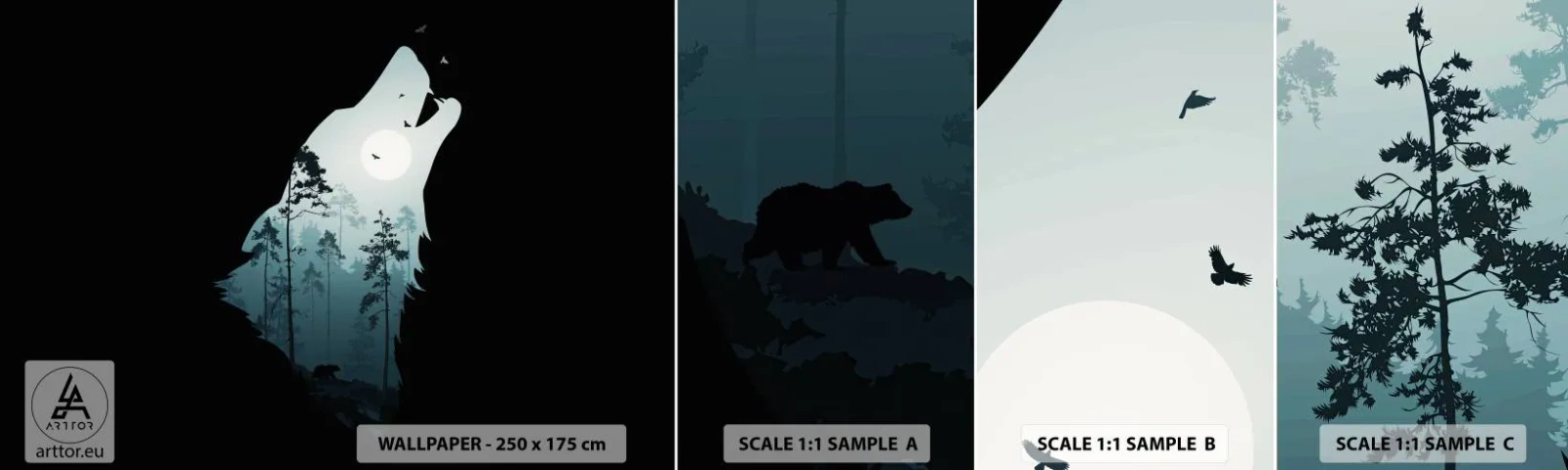 Muestra de fotomural autoadhesivo Deluxe Sticker - Voz de la noche del bosque - Abstracción, Oso, Cueva - 100x30 cm