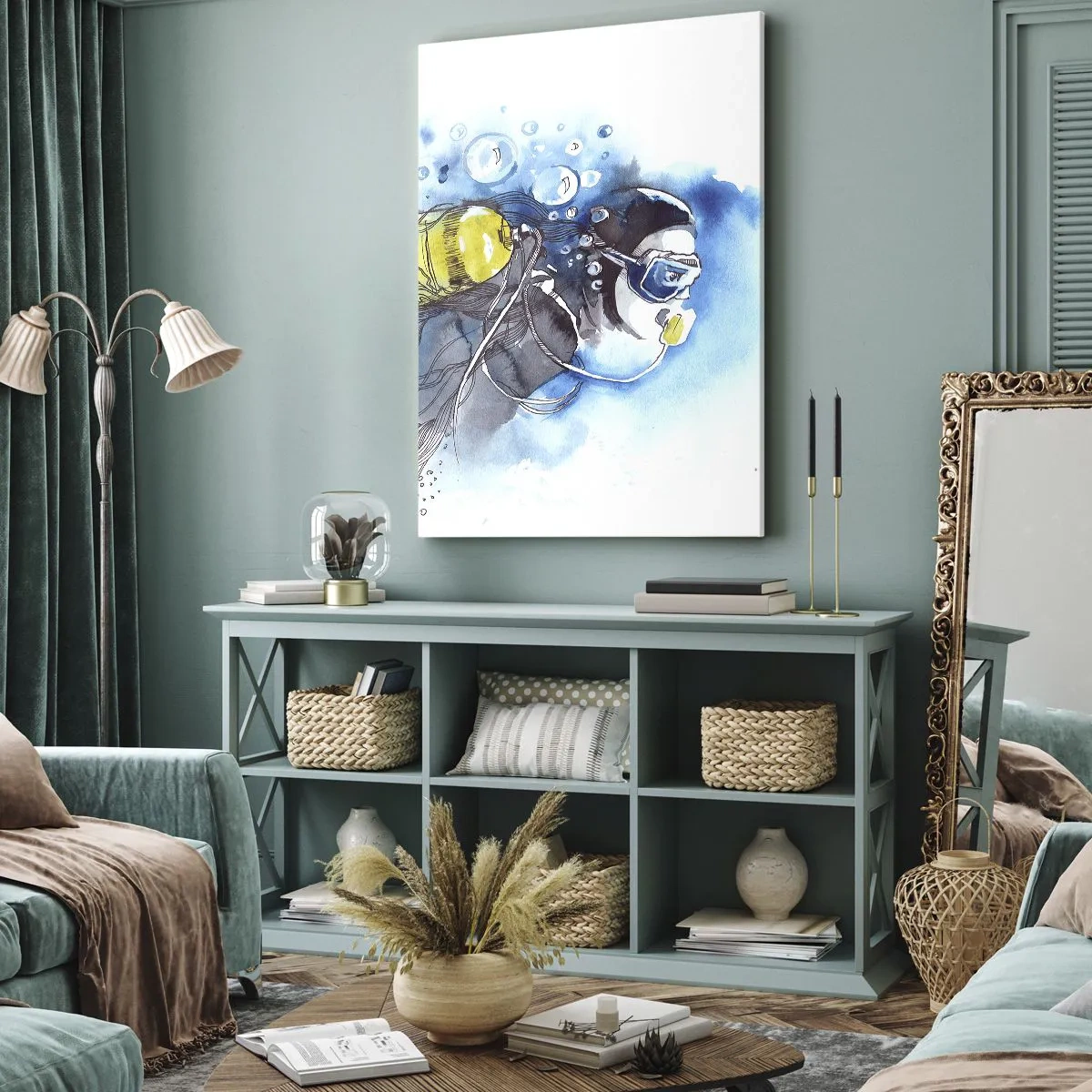 Cuadro sobre lienzo - Impresión de Imagen - Escena submarina con un buceador y peces exóticos. - 50x70cm - Sumergirse en lo desconocido - Decoración de pared moderna para salón y dormitorio ARTTOR