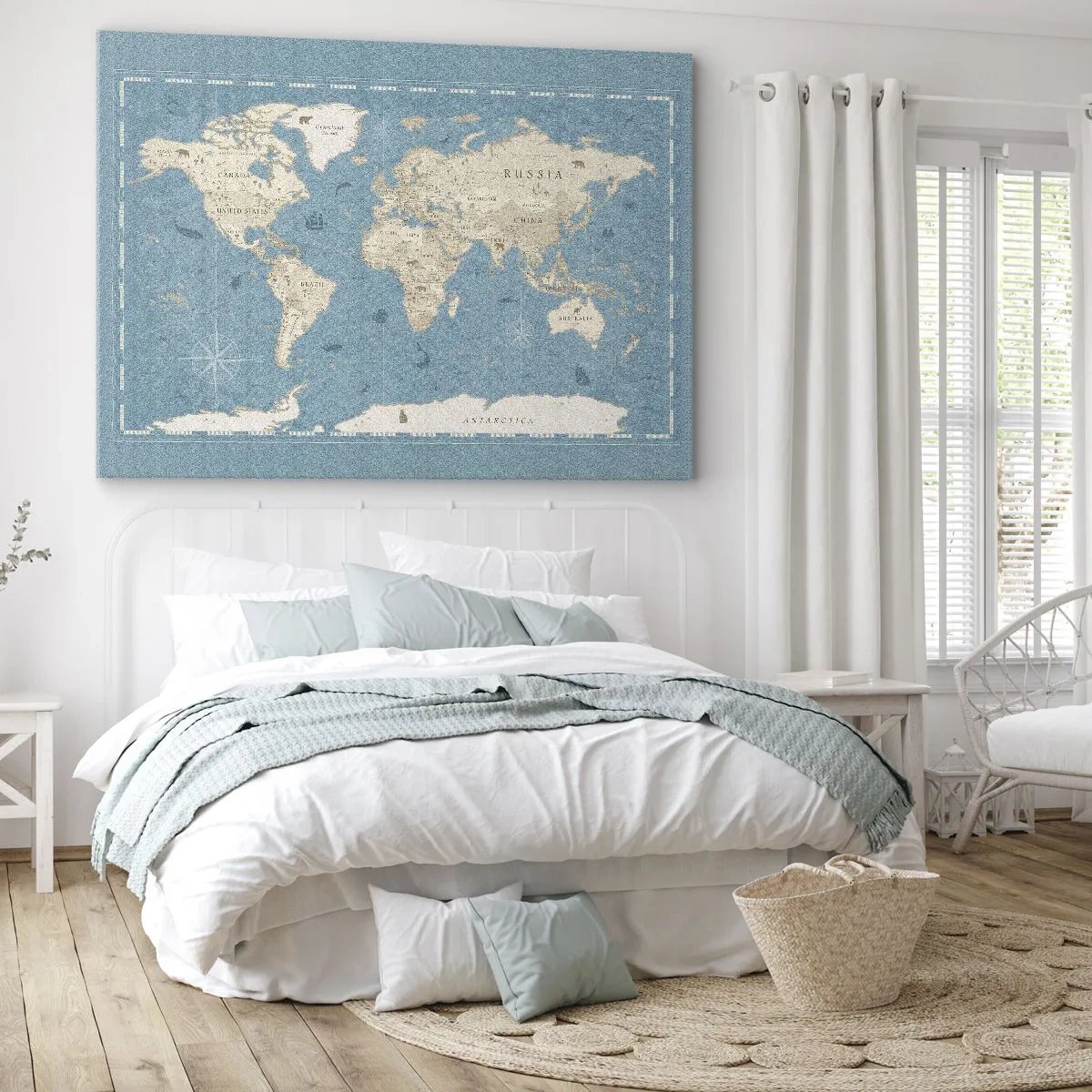 Cuadro sobre lienzo - Impresión de Imagen - Mapa del mundo decorativo en tonos azules y beige - 120x80cm - Un mundo al alcance de la mano - Decoración de pared moderna para salón y dormitorio ARTTOR