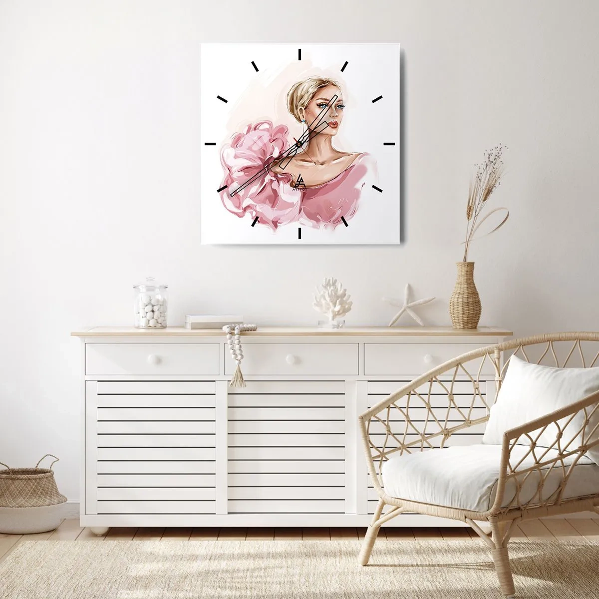 Reloj de pared - Reloj de vidrio - Retrato de una mujer con un vestido rosa sobre un fondo claro. - 30x30cm - Recuérdame como una pintura... - Decoración de pared moderna para salón y dormitorio ARTTOR