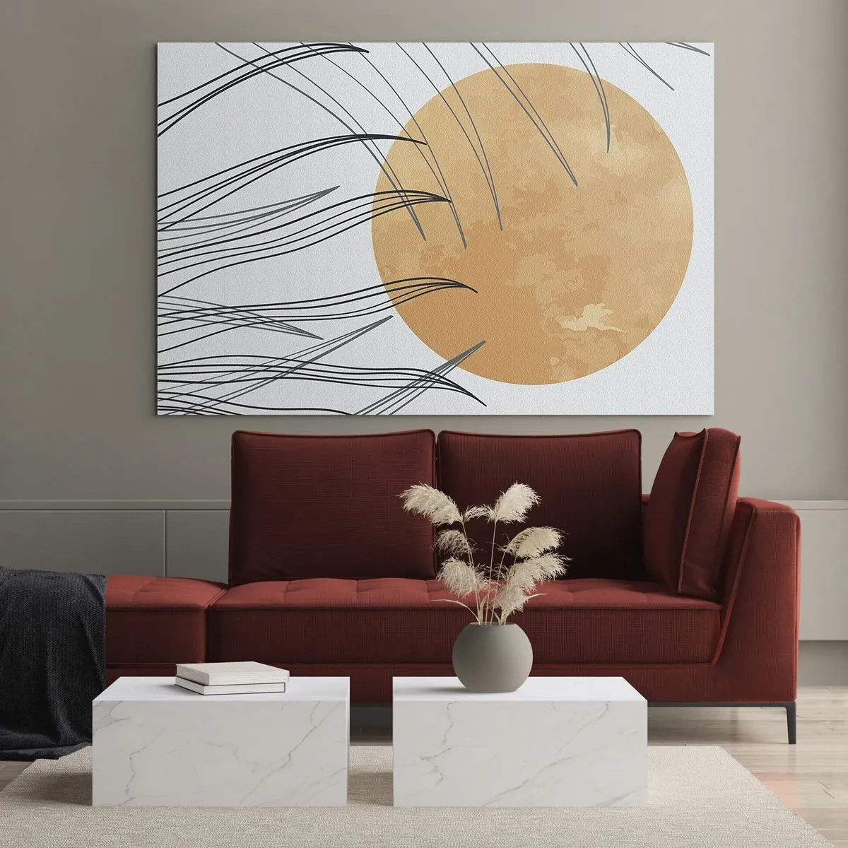 Cuadro sobre vidrio - Impresiones sobre Vidrio - Sol naranja con líneas dinámicas sobre un fondo claro. - 120x80cm - Siempre hacia el sol - Decoración de pared moderna para salón y dormitorio ARTTOR