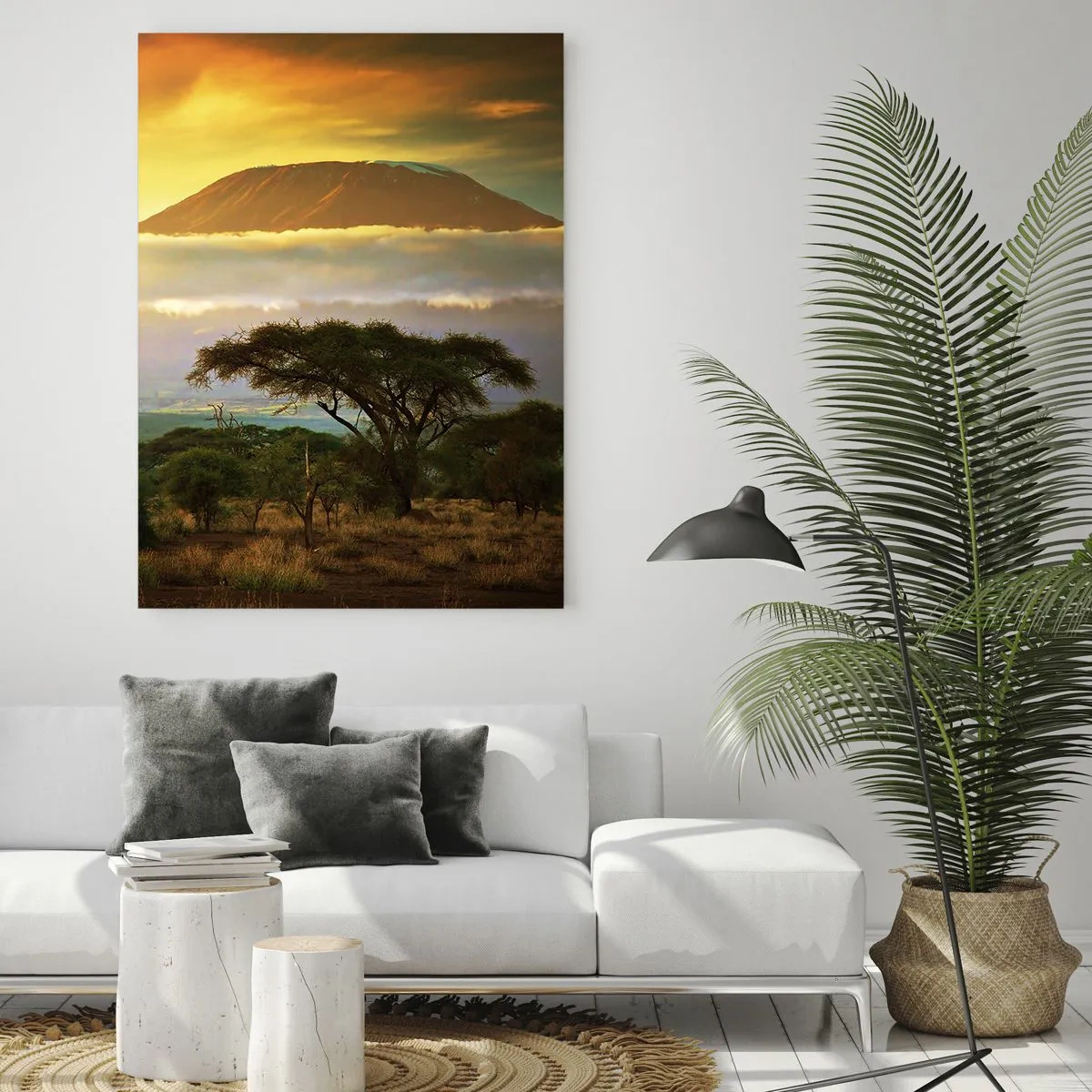 Cuadro sobre vidrio - Impresiones sobre Vidrio - Paisaje africano con el Kilimanjaro al amanecer - 70x100cm - El sueño del viajero - Decoración de pared moderna para salón y dormitorio ARTTOR