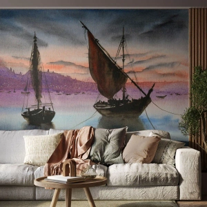 Fotomural Premium Sand - Pintorescos veleros con el sol poniente como telón de fondo - 100x70cm - Atardecer en el puerto - Decoración de pared moderna para salón y dormitorio ARTTOR