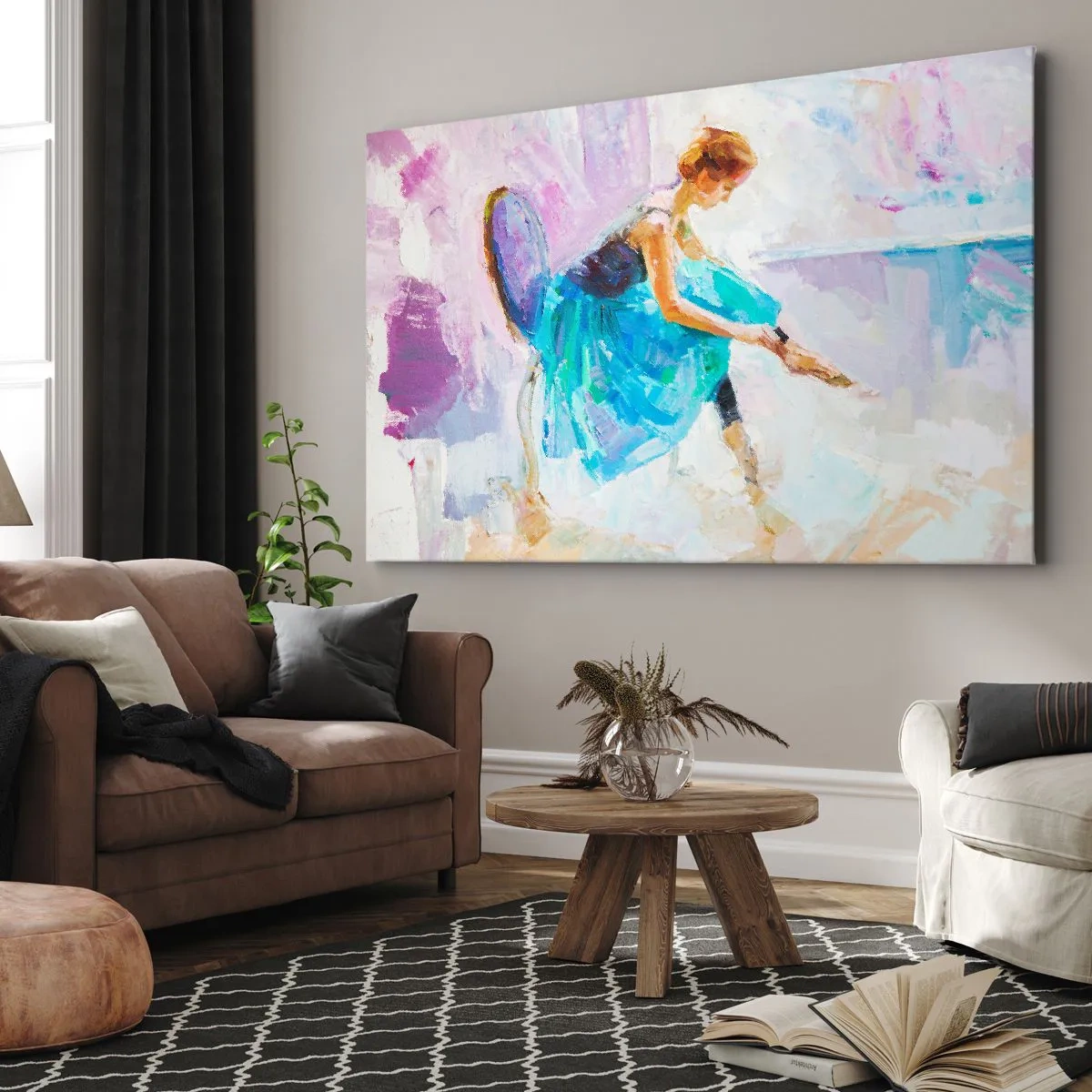Cuadro sobre lienzo - Impresión de Imagen - Una bailarina preparándose para bailar en tonos pastel. - 70x50cm - Gracia indescriptible, encanto sutil - Decoración de pared moderna para salón y dormitorio ARTTOR