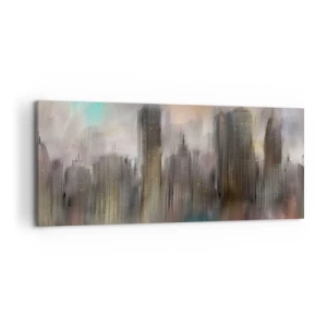 Cuadro sobre lienzo - Impresión de Imagen - Una visión artística de un paisaje urbano con rascacielos en colores pastel. - 120x50cm - Una composición de acero, piedra y niebla - Decoración de pared moderna para salón y dormitorio ARTTOR
