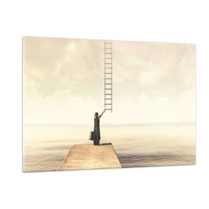 Cuadro sobre vidrio - Impresiones sobre Vidrio - Mujer en un muelle con una escalera que conduce al cielo. - 120x80cm - Un viaje mágico - Decoración de pared moderna para salón y dormitorio ARTTOR