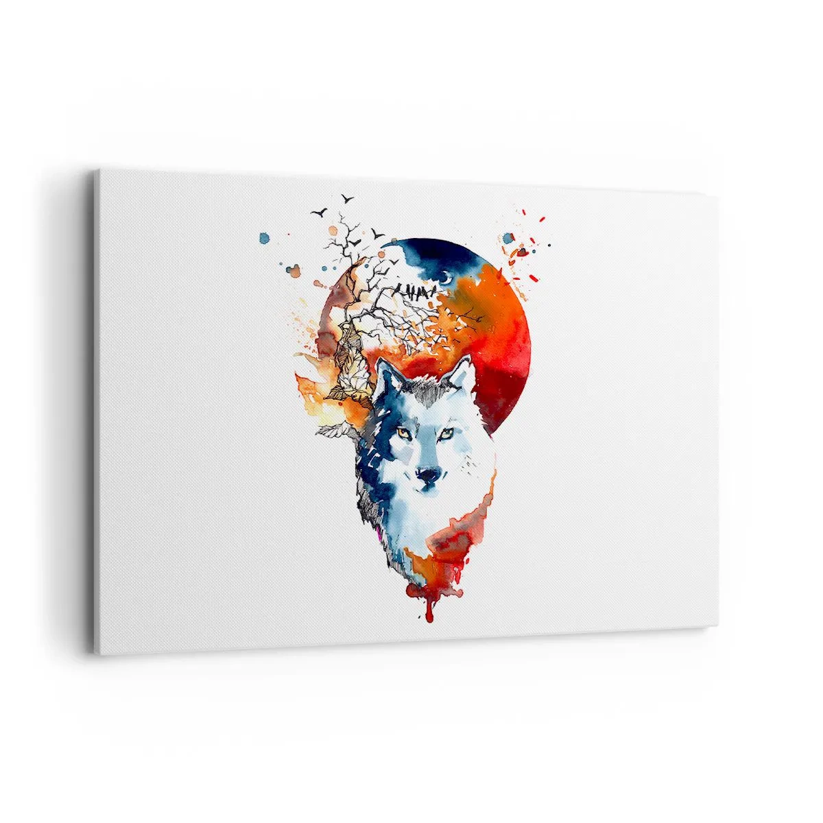 Cuadro sobre lienzo - Impresión de Imagen - Pintura abstracta de acuarela de un lobo contra una luna roja. - 100x70cm - El acecho nocturno - Decoración de pared moderna para salón y dormitorio ARTTOR