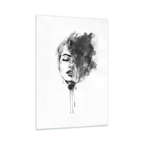Cuadro sobre vidrio - Impresiones sobre Vidrio - Retrato en blanco y negro de una mujer con una sombra abstracta. - 50x70cm - Sueños en femenino - Decoración de pared moderna para salón y dormitorio ARTTOR