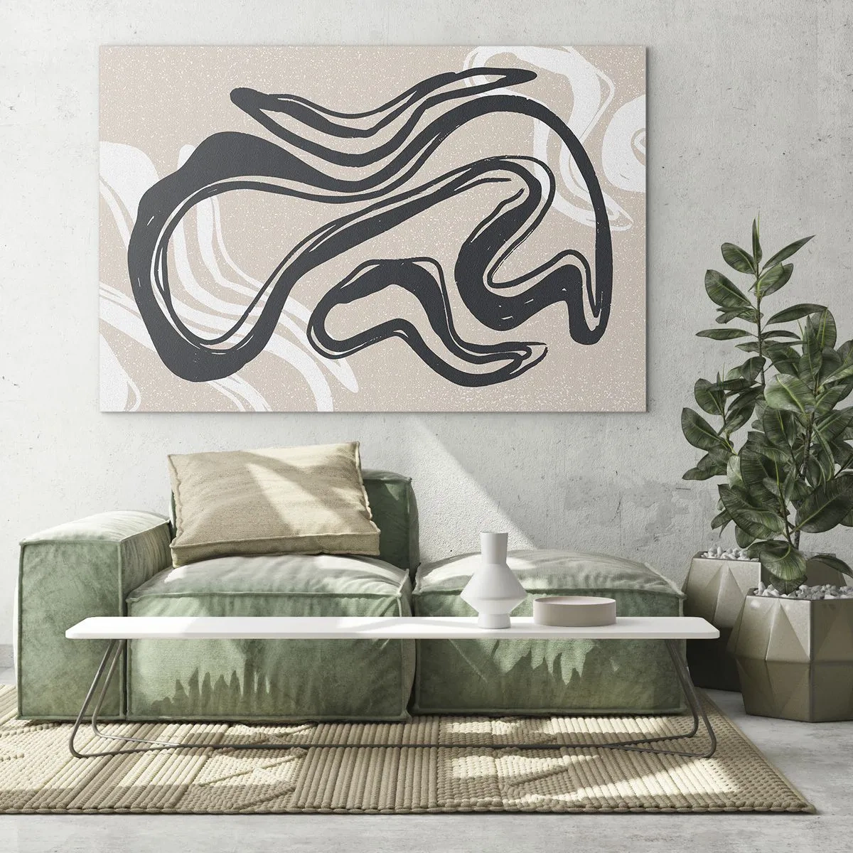 Cuadro sobre vidrio - Impresiones sobre Vidrio - Línea negra expresiva sobre fondo beige en estilo abstracto. - 70x50cm - Expresión multiplicada - Decoración de pared moderna para salón y dormitorio ARTTOR