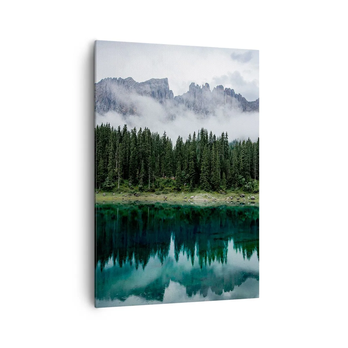 Cuadro sobre lienzo - Impresión de Imagen - Un paisaje de montaña con un bosque y un lago que refleja el cielo. - 70x100cm - Calla, calla, no despertemos al agua dormida.... - Decoración de pared moderna para salón y dormitorio ARTTOR