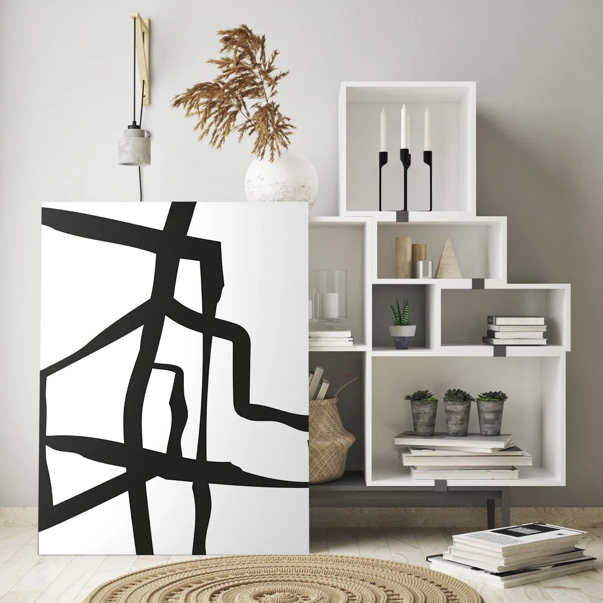 Cuadro sobre vidrio - Impresiones sobre Vidrio - Una estructura abstracta en blanco y negro que se asemeja a un diseño urbano. - 50x70cm - Construcción en blanco y negro - Decoración de pared moderna para salón y dormitorio ARTTOR