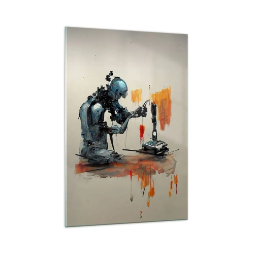Cuadro sobre vidrio - Impresiones sobre Vidrio - Robot trabajando con fondo abstracto - 70x100cm - Próximamente... - Decoración de pared moderna para salón y dormitorio ARTTOR