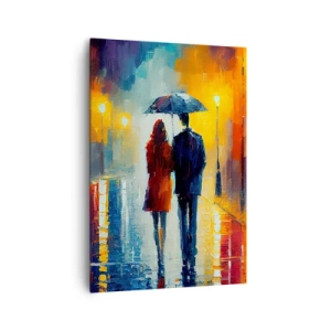 Cuadro sobre lienzo - Impresión de Imagen - Una pareja bajo un paraguas caminando por una colorida ciudad nocturna. - 70x100cm - Juntos en una noche llena de color - Decoración de pared moderna para salón y dormitorio ARTTOR