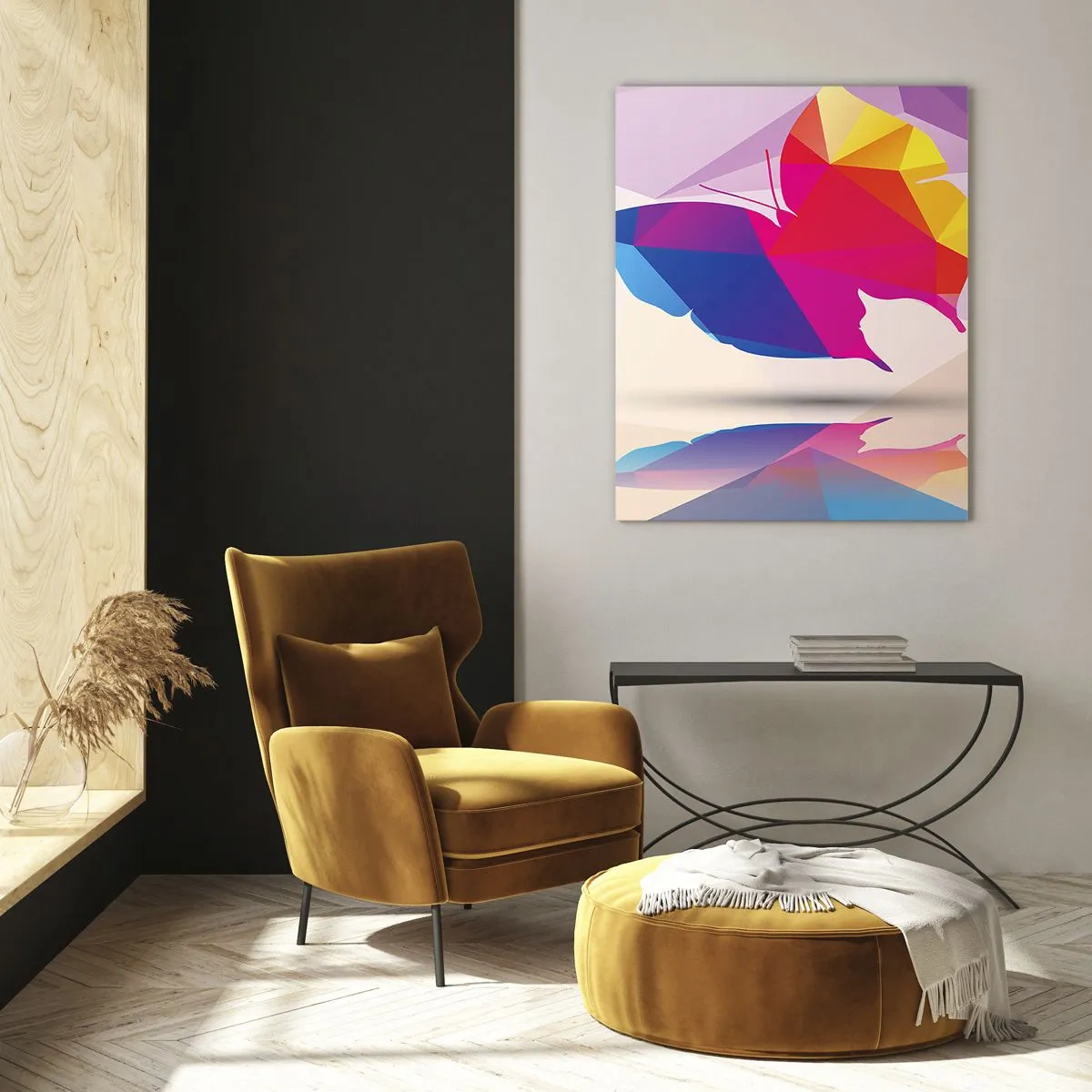 Cuadro sobre vidrio - Impresiones sobre Vidrio - Mariposa geométrica en abstracción colorida y brillante - 50x70cm - Arco iris de mariposa - Decoración de pared moderna para salón y dormitorio ARTTOR