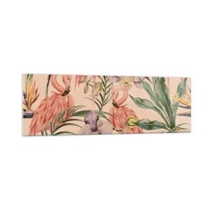 Cuadro sobre vidrio - Impresiones sobre Vidrio - Flamencos y flores tropicales sobre un fondo claro. - 160x50cm - Un ballet rosa en flores - Decoración de pared moderna para salón y dormitorio ARTTOR