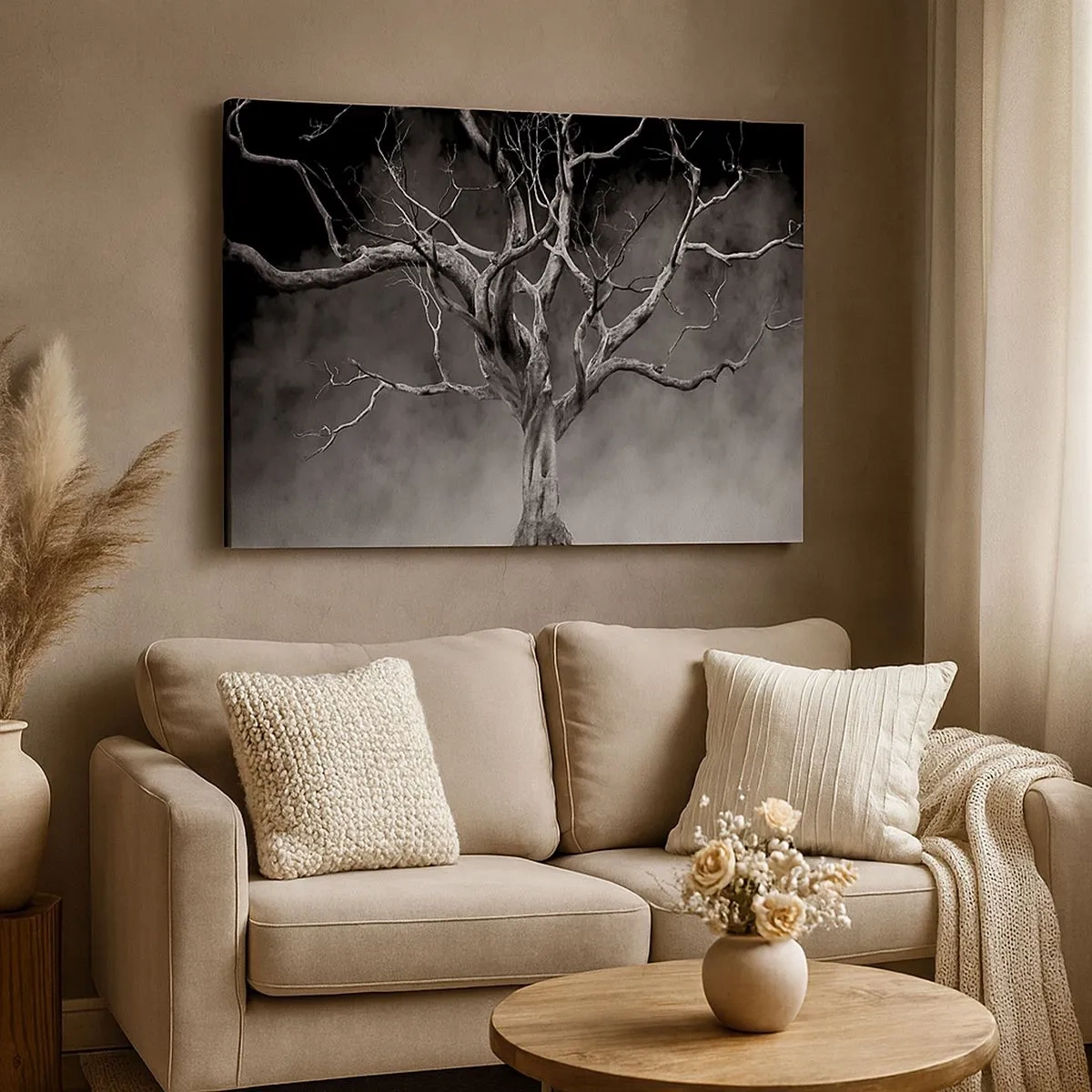 Cuadro sobre lienzo - Impresión de Imagen - Un árbol seco en blanco y negro contra la niebla. - 70x50cm - Primordial y sagrado - Decoración de pared moderna para salón y dormitorio ARTTOR