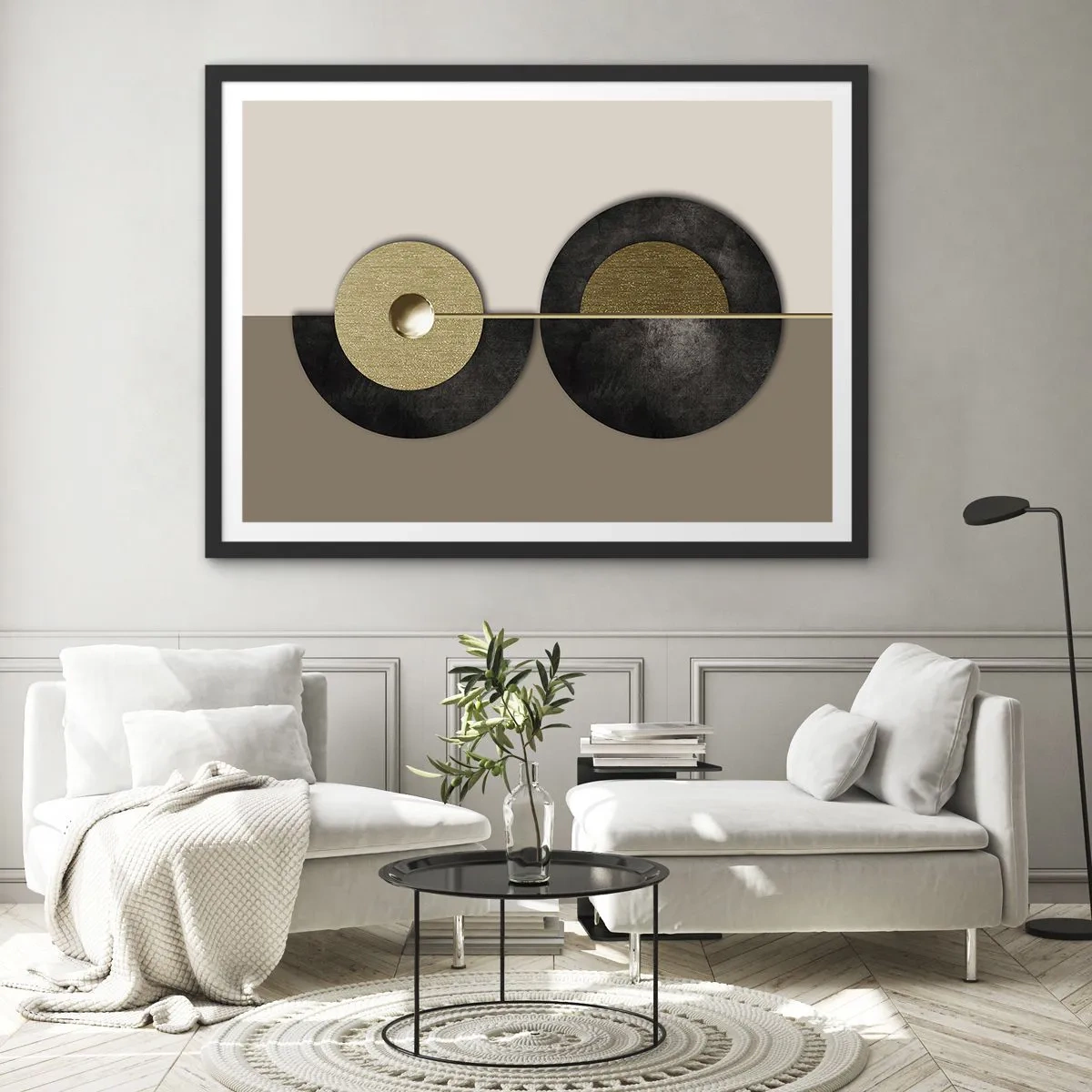 Póster en marco negro - Círculos abstractos en tonos dorados y marrones. - 70x50cm - Variaciones en torno a un círculo - Decoración de pared moderna para salón y dormitorio ARTTOR