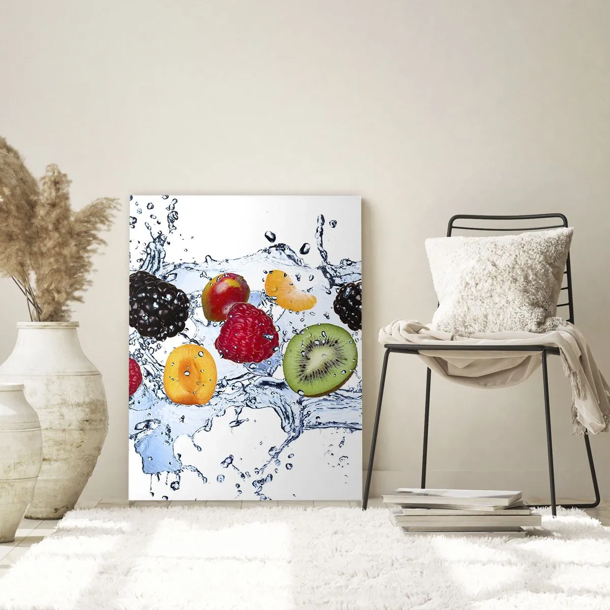 Cuadro sobre vidrio - Impresiones sobre Vidrio - Frutas coloridas sumergidas en salpicaduras de agua sobre un fondo blanco - 80x120cm - Juega con nosotros - Decoración de pared moderna para salón y dormitorio ARTTOR