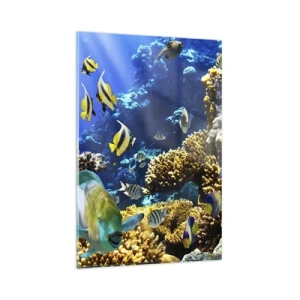 Cuadro sobre vidrio - Impresiones sobre Vidrio - Un colorido arrecife de coral con peces tropicales en las profundidades del océano. - 80x120cm - Vacaciones submarinas - Decoración de pared moderna para salón y dormitorio ARTTOR
