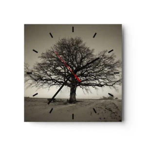 Reloj de pared - Reloj de vidrio - Un árbol solitario en un campo sepia - 30x30cm - De aquí a la eternidad - Decoración de pared moderna para salón y dormitorio ARTTOR