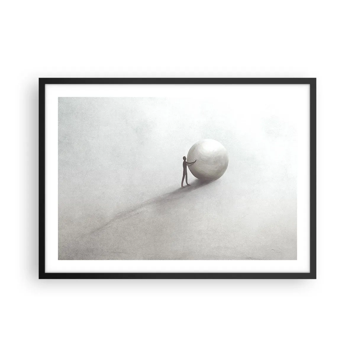 Póster en marco negro - Una figura minimalista con una pelota sobre un fondo claro y monocromático. - 70x50cm - El juego de la vida - Decoración de pared moderna para salón y dormitorio ARTTOR