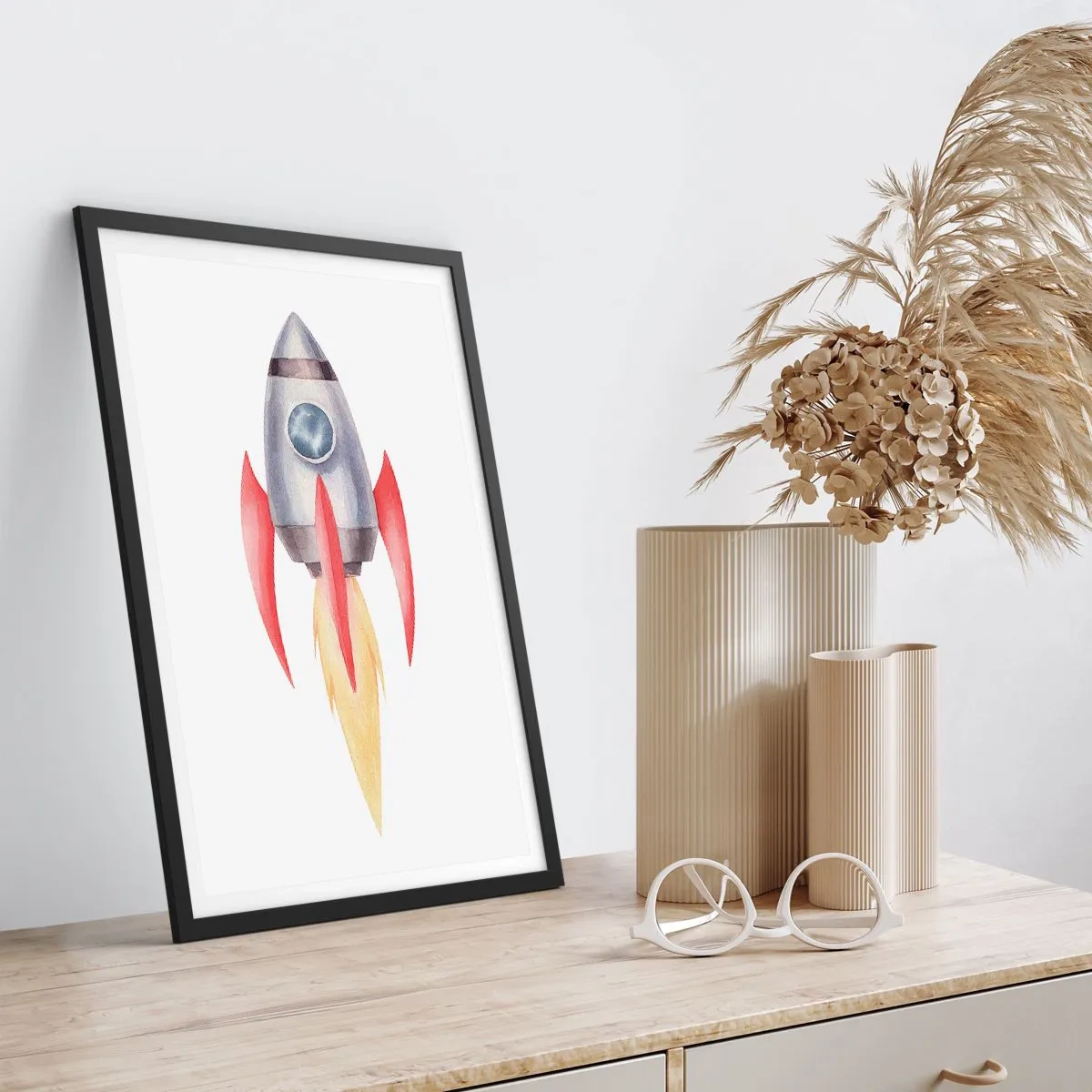 Póster en marco negro - Cohete espacial en estilo acuarela - 50x70cm - Más alto, más rápido, más lejos - Decoración de pared moderna para salón y dormitorio ARTTOR