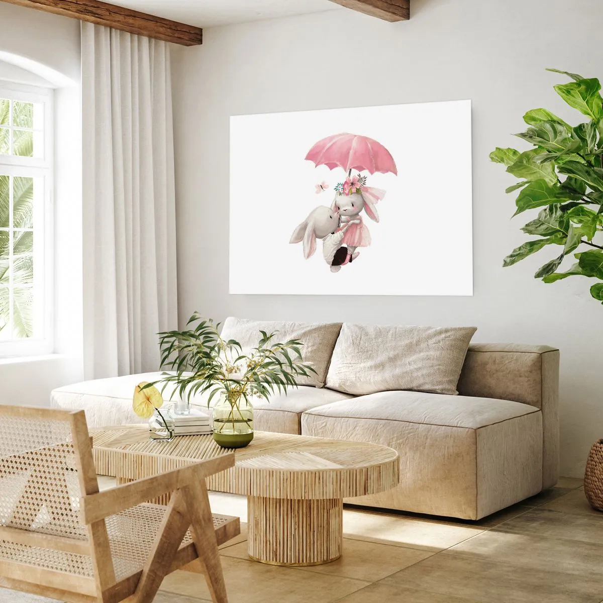 Póster - Lindos conejitos bajo una sombrilla rosa - 100x70cm - Esto es amor - Decoración de pared moderna para salón y dormitorio ARTTOR