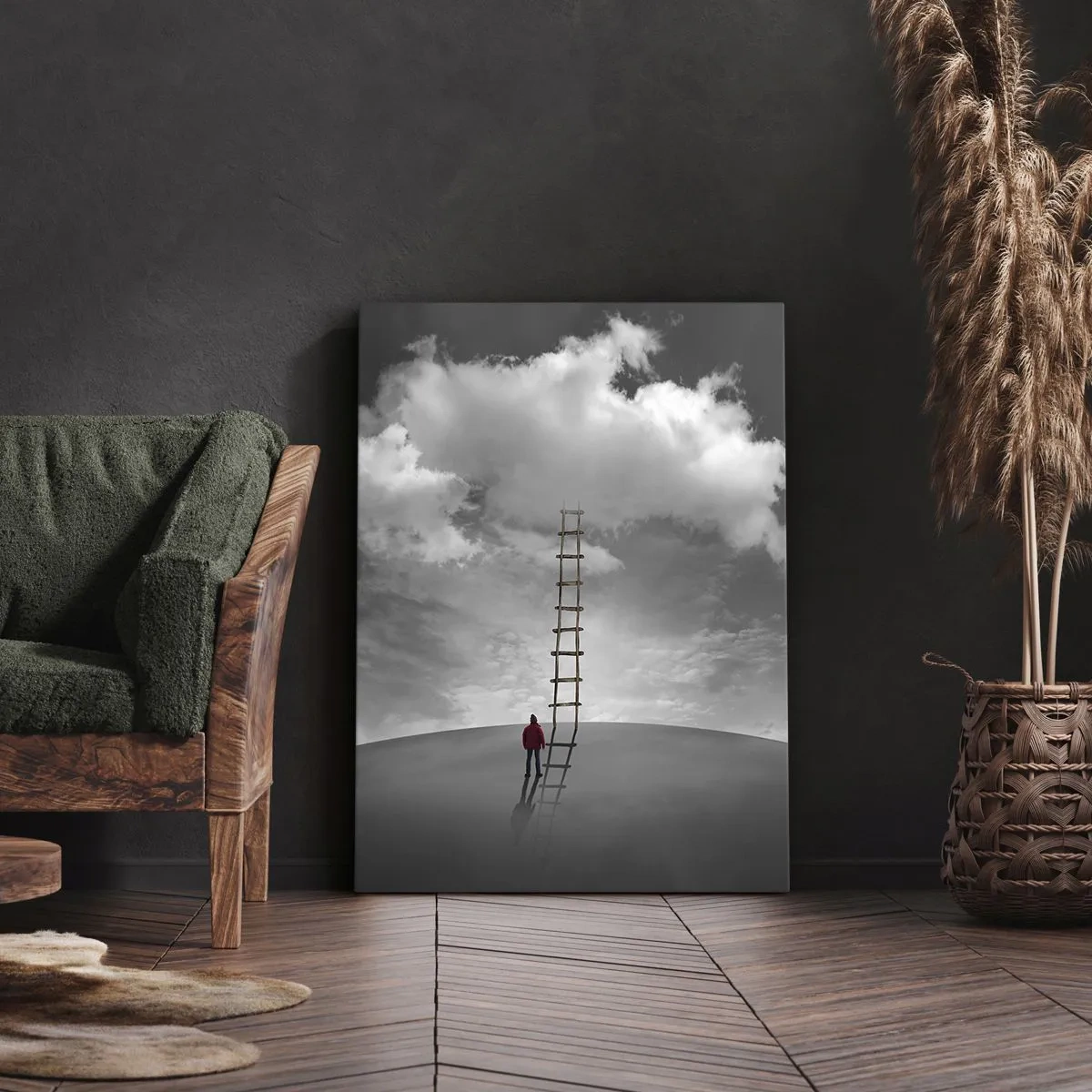 Cuadro sobre lienzo - Impresión de Imagen - Una persona con un abrigo rojo y una escalera que conduce a una nube. - 50x70cm - Todo es posible - Decoración de pared moderna para salón y dormitorio ARTTOR