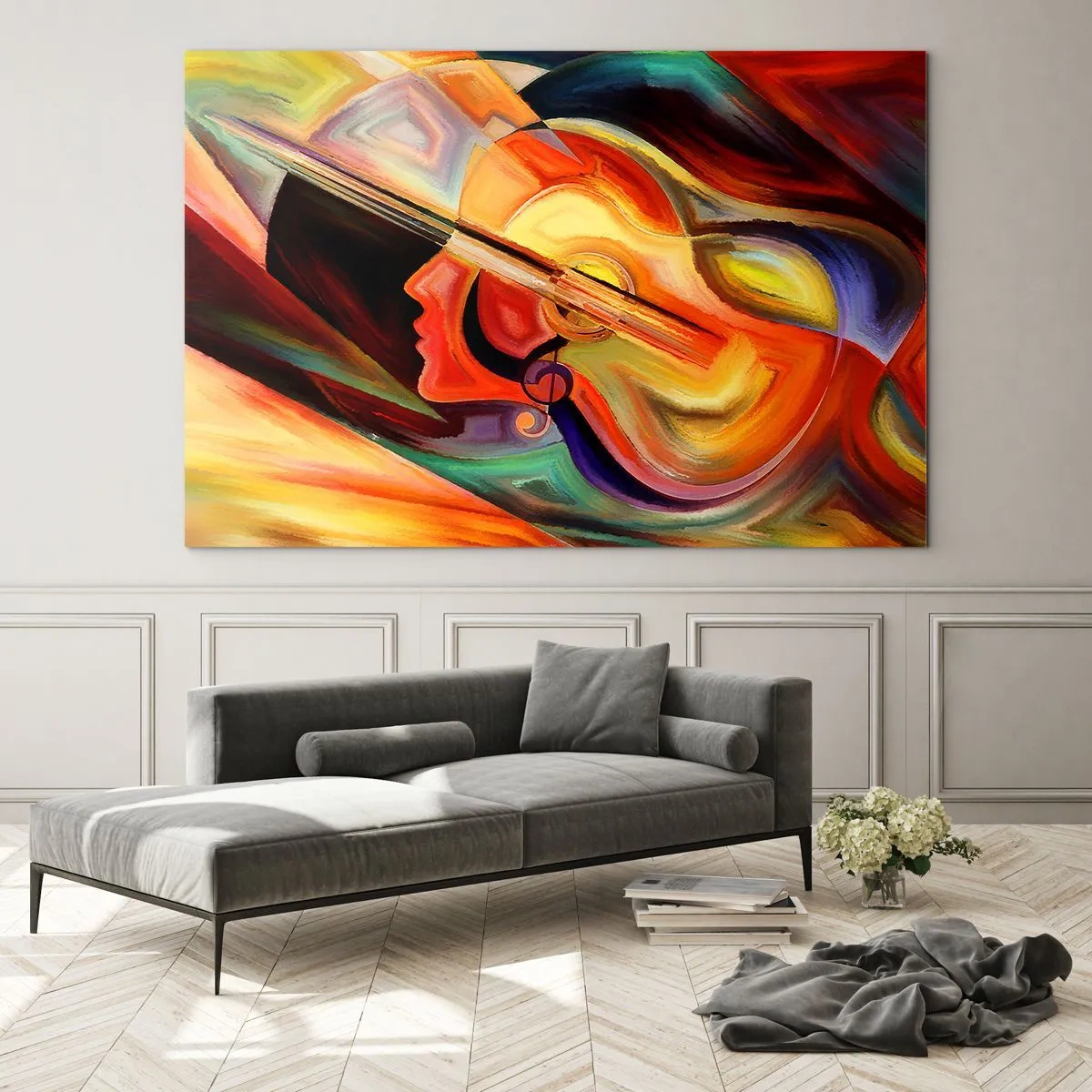 Cuadro sobre vidrio - Impresiones sobre Vidrio - Retrato abstracto con una guitarra y notas musicales al fondo. - 100x70cm - Juego musical - Decoración de pared moderna para salón y dormitorio ARTTOR