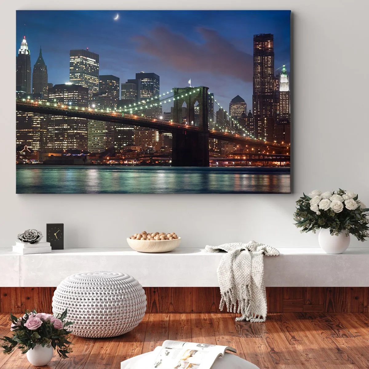 Cuadro sobre lienzo - Impresión de Imagen - Puente de la ciudad de Nueva York de noche con edificios iluminados - 70x50cm - Una noche iluminada - Decoración de pared moderna para salón y dormitorio ARTTOR